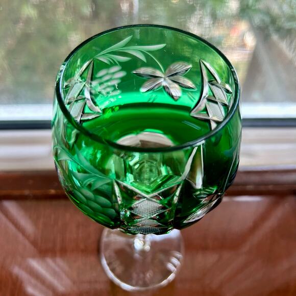 Vintage Traube-Style Emerald Green Cut-to-Clear Crystal Wine Hock Goblet - Picture 2 of 10
